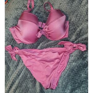 Victoria's Secret Shimmer Pink Push Up Bikini Set 38D Top Large Ruched Bottoms